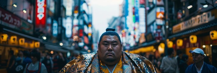 Traditional sumo wrestler in mawashi amidst vibrant tokyo neon lights and city bustle - obrazy, fototapety, plakaty