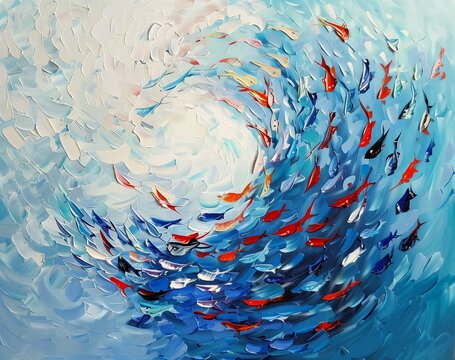 wave fish blue ocean white red spinning whirlwind imagery thick impasto technique golden spirals everything enclosed circle design milk