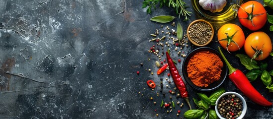 Obraz na płótnie Canvas Colorful spices and fresh vegetables for cooking are displayed in a close-up on a dark metal background, with room for text. The image, taken from above, showcases bio healthy food ingredients.