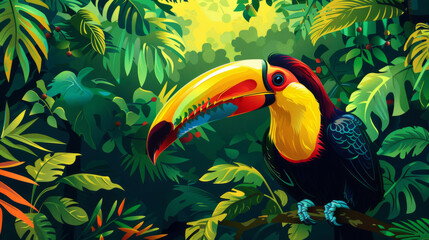 Naklejka premium A vibrant, stylized illustration of a toucan in a dense, tropical jungle setting, bursting with life and color.