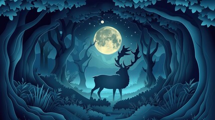 Majestic Stag in Enchanting Moonlit Forest A Papercut Art - obrazy, fototapety, plakaty