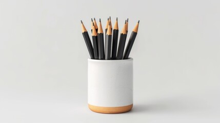 Blank mockup of a set of shard pencils standing upright in a pencil holder on a white background. .