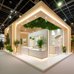 White, clean, nice exhibition stand with LED lights and light wood elements for a cosmetics fair, generative AI