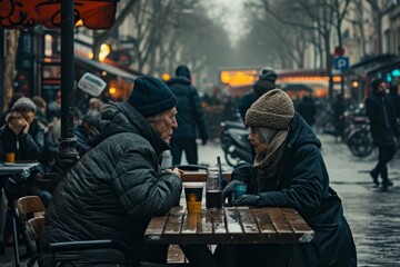 Two senior people drinking beer in a street cafe in Vienna.
