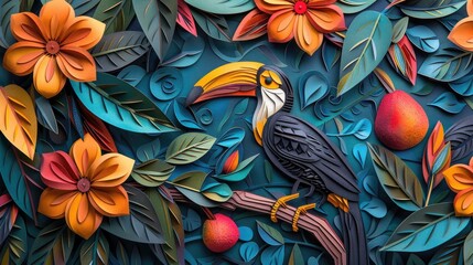 Vibrant Papercut Toucan in Tropical Fruit Tree
