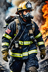 Fototapeta premium Undeterred Hero: Firefighter Risks All to Save a Life. Hero archetype. generative AI