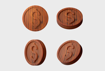 Stylized wood texture dollar coin isolated on light gray background. 3D rendering