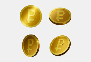 Stylized golden metal texture ruble coin isolated on light gray background. 3D rendering