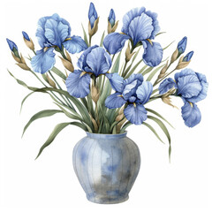 Stunning blue irises standing tall in a watercolor-style vase, a masterpiece of botanical art.