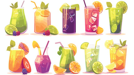 Collection of colorful refreshing soft drinks in gl