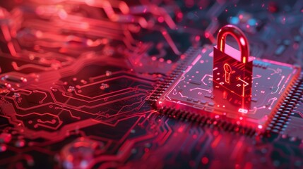 A red padlock on a circuit board symbolizing the importance of securing sensitive information from cyber threats. . - obrazy, fototapety, plakaty