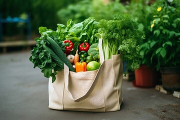 Closeup of a hand holding an ecofriendly, reusable shopping bag filled with organic produce, emphasizing sustainability in consumer habits
