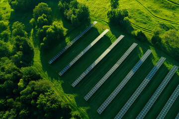 photovoltaic solar panels producing ecological green renewable energy on green grass on green field, generative AI - obrazy, fototapety, plakaty