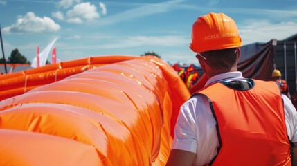 A large inflatable barrier being deployed to safely control the movement of a chaotic crowd. .