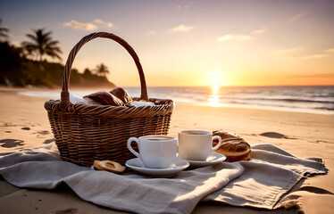 Picnic on the seashore with cups of tea and buns - obrazy, fototapety, plakaty