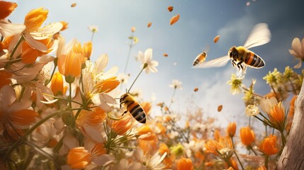 Bees Hovering Over Orange Blossoms in a Sunlit Garden.