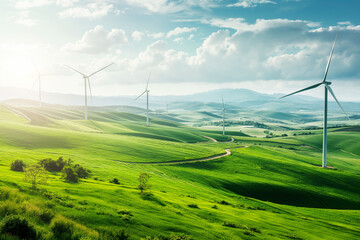 windmills on a wind farm in green ecological meadows and farmlands, generative AI - obrazy, fototapety, plakaty
