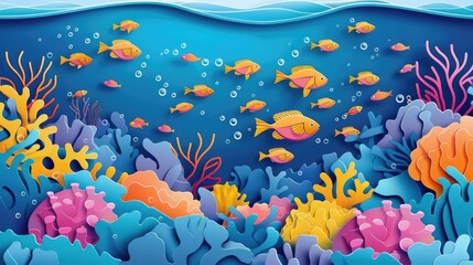 Fototapeta na wymiar Papercut Vibrant School of Fish Navigating a Diverse Coral Reef
