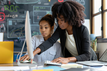 I have question. Black woman teacher stand by desk of mixed race female student look on pc screen help to solve problem. Skilled biracial team leader check online work result of young lady apprentice