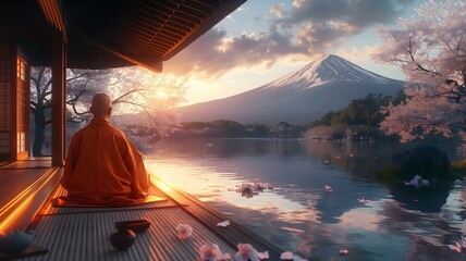 Meditation of a Zen / Buddhist Monk, surrounded by a traditional japanese landscape, atmospheric and moody landscape, pensive stillness within a mystic landscape. - obrazy, fototapety, plakaty