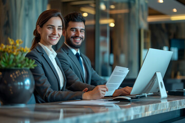 Happy receptionists cooperating while working on computer at hotel front desk.