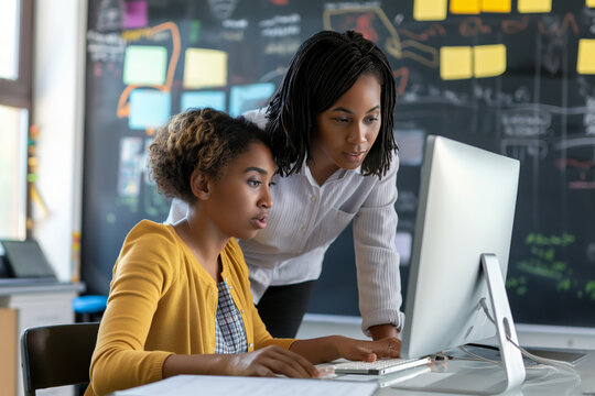 I have question. Black woman teacher stand by desk of mixed race female student look on pc screen help to solve problem. Skilled biracial team leader check online work result of young lady apprentice