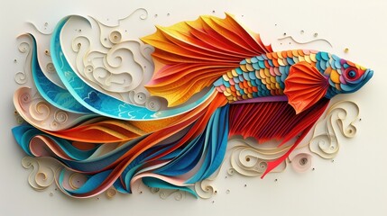 Papercut Art Showcasing Intricate Detail and Vibrant Colors of a Betta Fish - obrazy, fototapety, plakaty