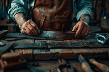 The man is using his hand to cut a piece of leather with a saw, showcasing precision and skill in this art form