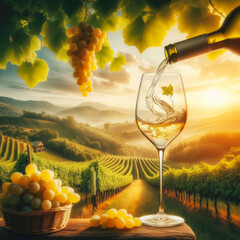 Naklejka premium Vineyard Bliss: Pouring White Wine in a Sunny Vineyard Setting. generative AI