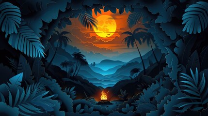 Papercut Art of a Lone Camper Embracing the Jungles Tranquil Night