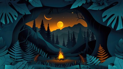 Papercut Style Secluded Camper Amidst Jungle Night with Warm Campfire Glow