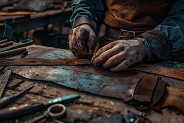 A man is meticulously crafting a piece of leather on a hardwood table, using metal tools and artistic gestures to create a work of art from the flesh of an animal