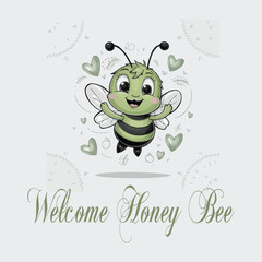 A happy kawaii bee with big eyes and a smile on vector with playful patterns