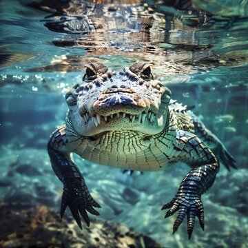 Underwater crocodile swimming canvas, perfect for a bathroom or aquatic-themed room, showcasing the elegance and agility of crocodiles in their natural habitat.