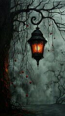 lantern hanging tree sky background stunning horror bulb lights red apples boulevard broken dreams building ambiance incandescent shackled road influence - obrazy, fototapety, plakaty