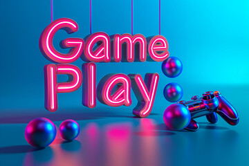 Game play pink neon sign on blue background. 3D rendering