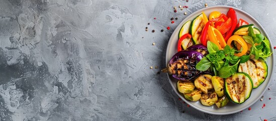 Colorful grilled vegetables including bell peppers, zucchini, and eggplant arranged on a plate placed on a light grey slate, stone, or concrete surface. Viewed from above with space for text.
