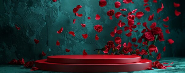 Elegant red podium surrounded by floating rose petals on a textured dark background