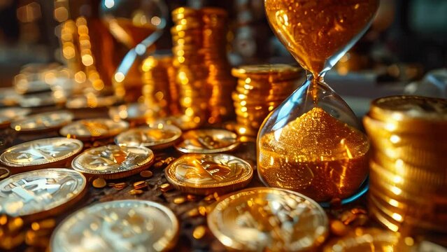 Time is money. Hourglass and gold coins on the table