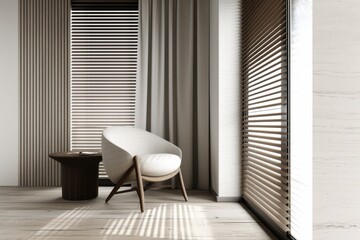 Modern bright interior background. Elegant armchair, small wooden table standing by window with blinds