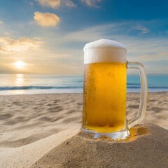 tarro grande de cerveza fría sobre la arena de la playa. - obrazy, fototapety, plakaty