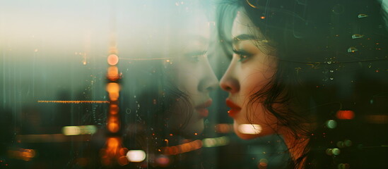 A pensive young Korean woman looks dreamily to the side, looking away from the window, tension, night city, reflection of the buildings. Double exposure, cool tones