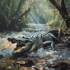 Dramatic riverbank scene featuring a stealthy crocodile, perfect for an adventurous living room or a wildlife-themed study, capturing the tension and raw power of nature.
