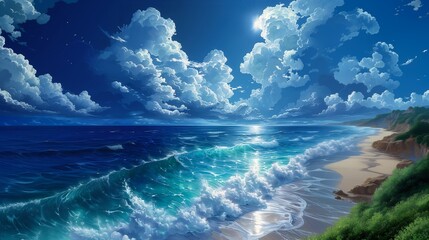 beach waves crashing shore breathtaking light blue sky hydrogen spray imagery close night wow dream wave scene drawing