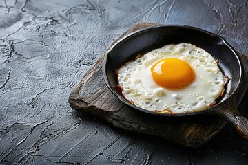 Fried egg in pan on dark table