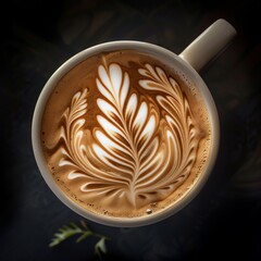 Artistic latte art photograph, perfect for a kitchen or small cafe, showcasing the beauty and skill of coffee preparation that appeals to all coffee enthusiasts.