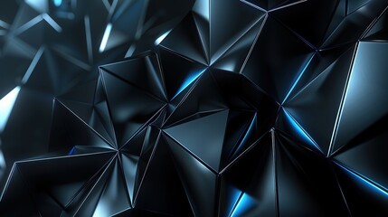 Futuristic technology digital concept background banner website illustration, 3d texture - Dark blue black abstract background with glowing triangular triangles geometric glowing shiny