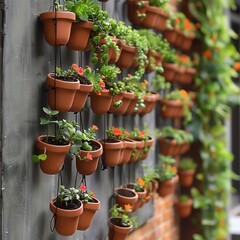 Fototapeta na wymiar Artistic array of hanging flower pots, perfect for a vertical garden wall or balcony, utilizing space efficiently while adding aesthetic appeal with cascading plants.