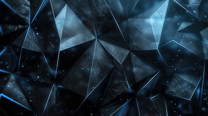 Futuristic technology digital concept background banner website illustration, 3d texture - Dark blue black abstract background with glowing triangular triangles geometric glowing shiny - obrazy, fototapety, plakaty