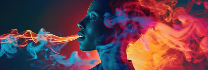 A woman exhales colored smoke while holding a cigarette in her hand - obrazy, fototapety, plakaty